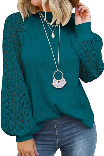 Zeagoo Damen Rundhals Shirt Elegant Langarm T-Shirt Raglan Spitzenärmel Bluse Mesh Langarmshirts Tunika Top Bluse Blau Grün L von Zeagoo