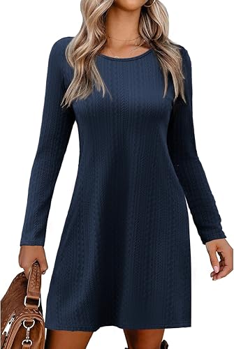 Zeagoo Damen Jumper Kleid Rundhals Pullikleid Elegant Strickkleid Einfarbige Minikleid Lässig Winter Tunika Navy Blau M von Zeagoo