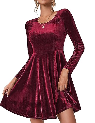 Zeagoo Damen Samtkleid Abendkleider Elegant Kleider Hochzeitsgast Cocktailkleid Festliche Rundhals Langarm Partykleid Bodycon knielangen Weinrot XL von Zeagoo