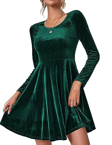 Zeagoo Damen Samtkleid Elegant Abendkleid Langarm Cocktailkleid Knielang Ballkleider Rundhals Kleid Bodycon festliches Partykleid Casual Club Dress für Hochzeit Dunkelgrün L von Zeagoo