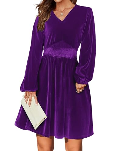 Zeagoo Damen Langarmkleid Elegant Herbst Winter Kleider V-Ausschnitt Einfarbig Minikleid Velvet Dress A Linie Swing Partykleid Violett XL von Zeagoo