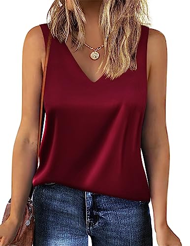 Zeagoo Damen Satin Ärmellose Hemden Blusen Tank Tops Ärmelloses Tanktop mit V-Ausschnitt für Damen ärmellos T-Shirt Lässige Weste Top Tanktop Frauen Tunika Weinrot XXL von Zeagoo