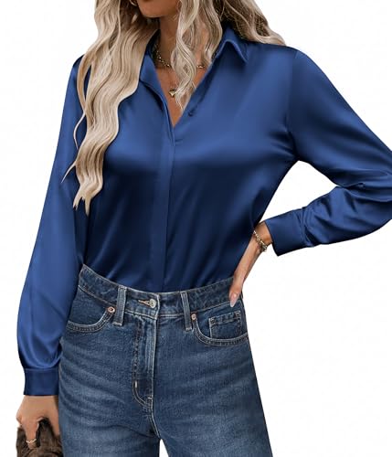 Zeagoo Damen Satin Bluse Elegant V-Ausschnitt Hemdbluse Langarm Satinblusen Button Down Business Shirts Lässige Oberteil Tops Marineblau L von Zeagoo