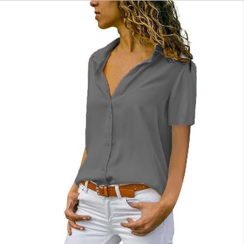 Zeagoo Damen Satin Bluse Elegant V-Ausschnitt Hemden Casual Arbeit Oberteile Mit Knöpfen Hemd Langarmshirt Einfarbig Tops Glänzend Locker Blusen Grau L von Zeagoo