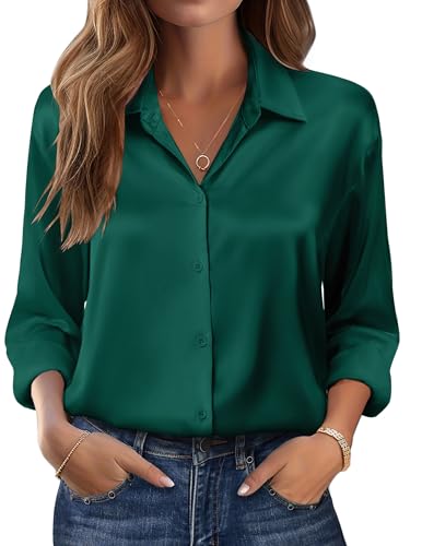Zeagoo Damen Satin Bluse Elegant V-Ausschnitt Hemden Casual Arbeit Oberteile Mit Knöpfen Hemd Langarmshirt Glänzend Locker Blusen Dunkelgrün XL von Zeagoo