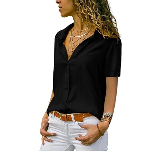 Zeagoo Damen Satin Bluse Elegant V-Ausschnitt Hemden Casual Arbeit Oberteile mit Knöpfen Hemd Langarmshirt Einfarbig Tops Glänzend Locker Blusen Schwarz M von Zeagoo