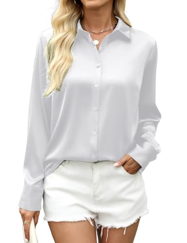 Zeagoo Damen Satin Bluse Elegant V-Ausschnitt Satinblusen Button Down Hemd Shirts Langarm Lässige Hemden Business Oberteil Tops Weiß S von Zeagoo