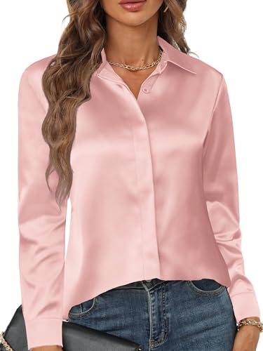 Zeagoo Damen Satin Bluse Elegant V-Ausschnitt Seidenbluse Langarm Button Down Satinbluse Business Satin Hemd Casual Blusen Shirt Basic Solide Oberteile Rosa M von Zeagoo