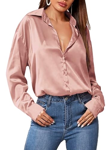 Zeagoo Damen Satin Bluse V-Ausschnitt Causal Satinblusen Lässige Elegant Fahion Seidenbluse Oberteil Tops Langarmshirt Shirts Tunika Hemd Rosa XXL von Zeagoo