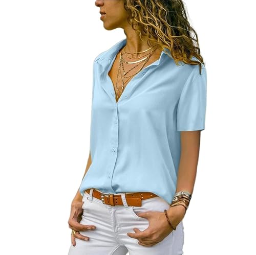 Zeagoo Damen Satin Bluse V-Ausschnitt Causal Satinblusen Lässige Seidenbluse Oberteil Tops Langarmshirt Shirts Tunika Hemd Hellblau XXXL von Zeagoo