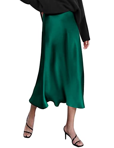 Zeagoo Damen Satin Rock Lang Hohe Taille Skirt Elegant Seide Midirock Herbst Winter Midi Business Rock Dunkelgrün L von Zeagoo