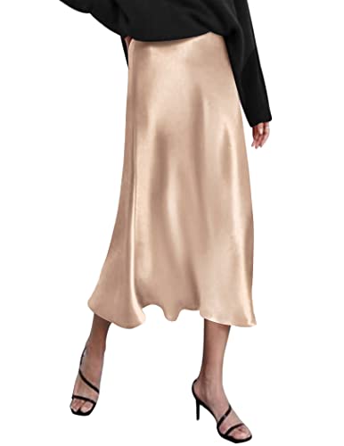 Zeagoo Damen Satin Rock Lang Hohe Taille Skirt Elegant Seide Midirock Herbst Winter Midi Business Rock Helles Khaki L von Zeagoo