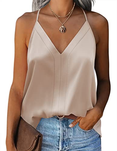 Zeagoo Damen Satin Tank Top Ärmellose Blusentop Basic Cami Sommer Lässige Weste V-Ausschnitt Cami Oberteile Blusen Shirt Champagner XXL von Zeagoo