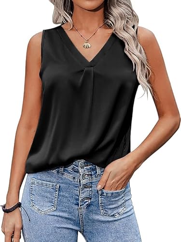 Zeagoo Damen Satin Tank Top Ärmellose Blusentops Basic Cami Lässige V-Ausschnitt Tanktops Casual Weste Tops Einfarbig Satinbluse Oberteile Tops Schwarz S von Zeagoo
