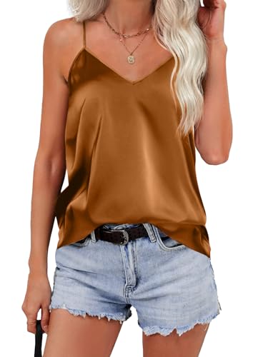 Zeagoo Damen Satin Tank Top V Ausschnitt Seidenbluse Cami Sommer Ärmellose Oberteile Basic Shirt Elegant Bluse Lässiges Weste Top Blusen Satinbluse Seidentop Braun M von Zeagoo