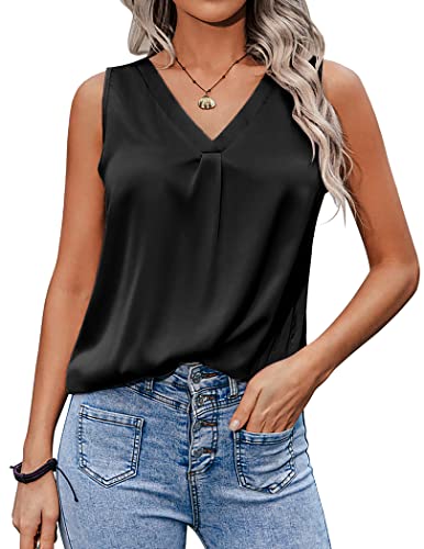 Zeagoo Damen Satin Tank Top Strap Basic Cami Sommer Weste Shirt Lässiges V-Ausschnitt Ärmellose Blusen Casual Tank Bluse Shirt Schwarz XXL von Zeagoo