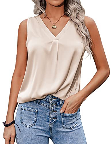 Zeagoo Damen Satin Tank Top Strap Basic Cami Sommer Weste Shirt Lässiges V-Ausschnitt Ärmellose Blusen Casual Tank Bluse Shirt Sekt XL von Zeagoo