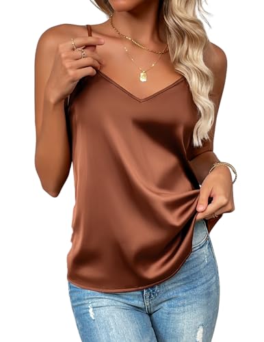 Zeagoo Satin Trägertop Seidentop Damen Elegant Blusentop Ärmellose Tank Top Lang Satinbluse V Ausschnitt Sommer Basic Oberteile Läsige Cami Oberteil Seidenbluse Braun XS von Zeagoo