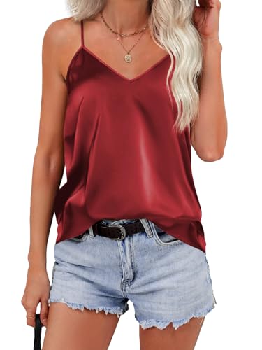 Zeagoo Damen Satin Tank Tops V-Ausschnitt Spaghetti Tops Racerback Ärmellose Basic Shirt Slim Fit Shirts Elegant Oberteile Cami Top Weinrot XL von Zeagoo
