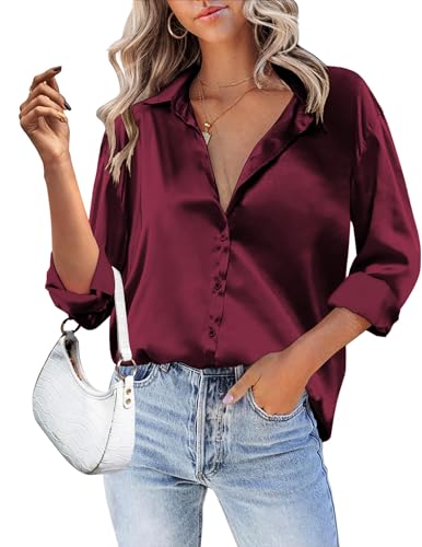 Zeagoo Damen Satinblusen Basic Langarmshirt V-Ausschnitt Für Einen Lässigen Herbstlook Elegant Satin Hemd Einfarbig Oberteile Business Locker Blusen Weinrot L von Zeagoo