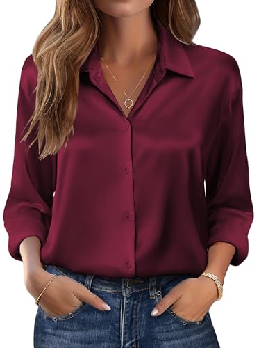 Zeagoo Damen Satinblusen Business Langarmshirt V-Ausschnitt Herbstlook Elegant Satin Hemd Einfarbig Oberteile Business Locker Blusen Weinrot L von Zeagoo