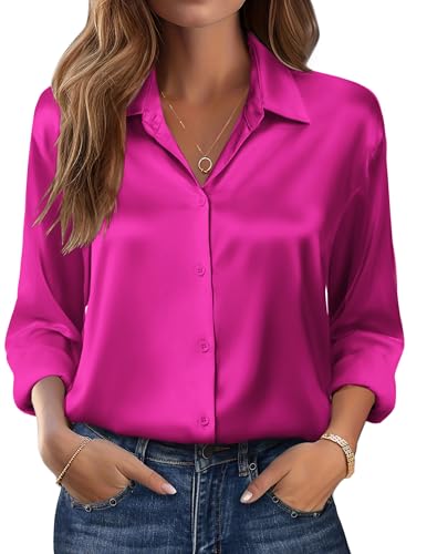 Zeagoo Bluse Damen Satin Elegant Blusen Langarm Seidenbluse Button-Down Business Shirts Seide Hemd Oberteile Einfarbig Tops Dunkelrosa XL von Zeagoo