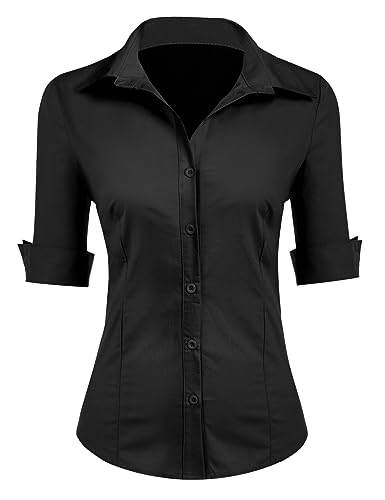 Zeagoo Damen Schwarze Bluse Baumwolle Hemd 3/4 Arm Tops Shirt Elegant mit Button Down Oberteile Freizeit Tops Schwarz XS von Zeagoo