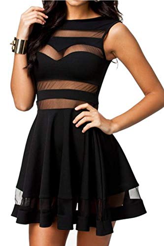 Zeagoo Damen Sexy Hohe Taille Partykleid Cocktailkleid Sommerkleid Bodycon MiniKleid mit Mesh Clubwear A-Linie Kleid schwarz XS von Zeagoo