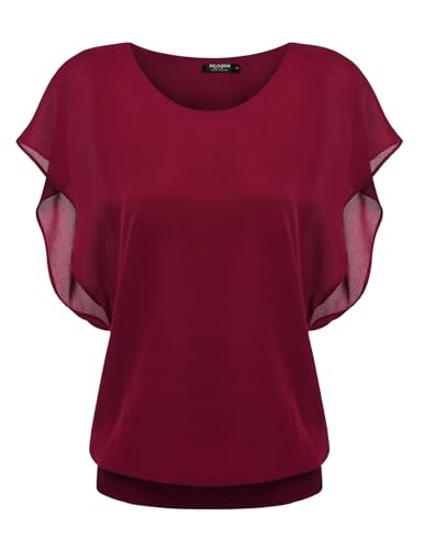 Zeagoo Damen Chiffon Fledermaus Bluse Rundhalsausschnitt Sommer Doppellagige Oberteile Leichte Fließende Bluse Weinrot S von Zeagoo