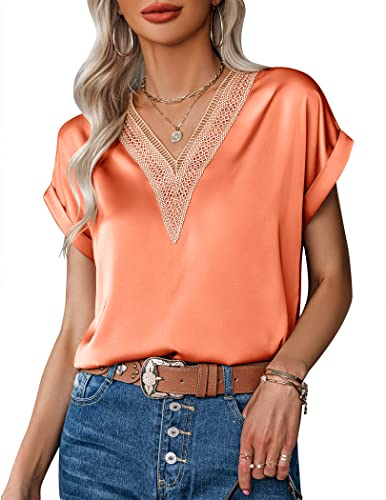 Zeagoo Bluse Kurzarm Damen Oberteil Casual Lose V-Ausschnitt Tshirt Elegant Seidenbluse Sommerbluse Orange XL von Zeagoo