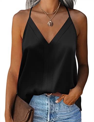 Zeagoo Damen Sommer Casual Satin Tank Tops V-Ausschnitt Ärmellose Blusen Lockere Seidenbluse Oberteile Tunika Shirts Schwarz XL von Zeagoo