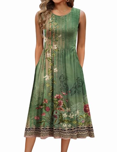 Zeagoo Damen Sommer Freizeitkleider Elegant A Linie Strandkleider Ärmelloses Rundhals Blumenkleid Lässiges Tank Kleid mit Taschen Gelb Grün S von Zeagoo