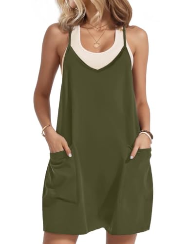Zeagoo Damen Kleid Sommer V Ausschnitt Spaghetti Latzkleid Kurz Ärmellos Latzrock Einfarbig Shift Freizeitkleid Elegant Strandkleid mit Taschen Armygrün L von Zeagoo