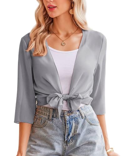 Zeagoo Damen Sommer Kurze Boleros 3/4 Ärmel Leichte Chiffon Casual Strickjacke Jäckchen für Abendkleider Hochzeit Grau M von Zeagoo