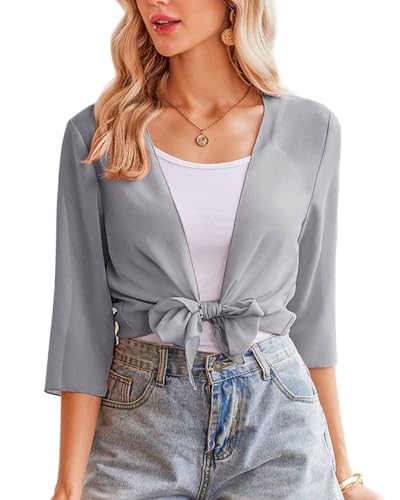 Zeagoo Bolero Damen Sommer Elegant Schulterjacke Casual Cardigan 3/4 Ärmel Leicht Bolerojacke Casual Top Grau XL von Zeagoo