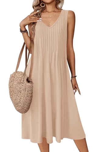 Zeagoo Damen Midikleid Ärmellose Freizeit Kleider V-Ausschnitt Blumen Strandkleid Elegant A Linie T-Shirt Kleid Lässige Tank Kleider mit Taschen Beige M von Zeagoo