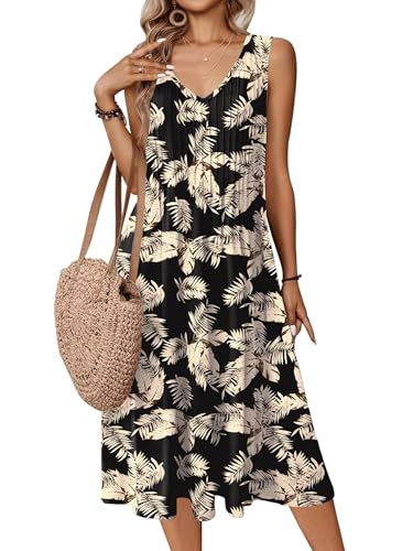 Zeagoo Ärmellose Strandkleider Sommer Midikleid V-Ausschnitt Tank Kleid Lässig Sommerkleid Ärmellos Blusenkleid mit Taschen Leicht Freizeit Kleider z-Regenwald Blätter M von Zeagoo