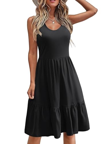 Zeagoo Damen Kleid Kurz Ärmellos Boho Strandkleid Casual Sommerkleid mit Taschen Rundhalsausschnitt Minikleid Schwarz XL von Zeagoo