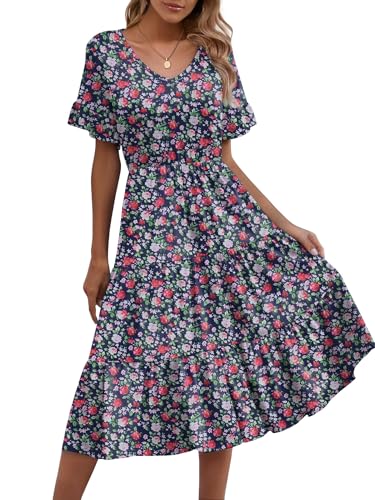 Zeagoo Damen Sommerkleid Elegantes V-Ausschnitt Blumenkleider Strandkleid A Linie Kleid Kurzarm Freizeitkleid Rüschenkleid mit Taschen Rosa Schwarz M von Zeagoo