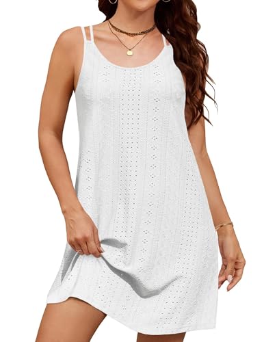 Zeagoo Strandkleid Damen Sommer Kurz Mini Kleider Sommerkleid Spaghettiträger Kleid Rundhals Freizeitkleider Bikini Cover Up Strandponcho Weiß L von Zeagoo