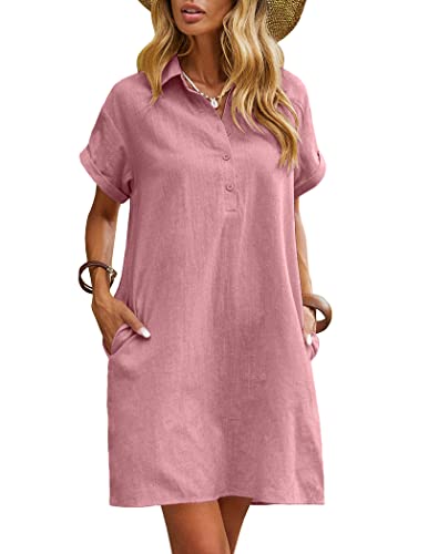 Zeagoo Damen Sommerkleid Knielang Leinen Strandkleid Tunika Lässiges Kleider Elegant Boho Blusenkleid Sommer lockeres Kleid Minikleid Rosa XXL von Zeagoo