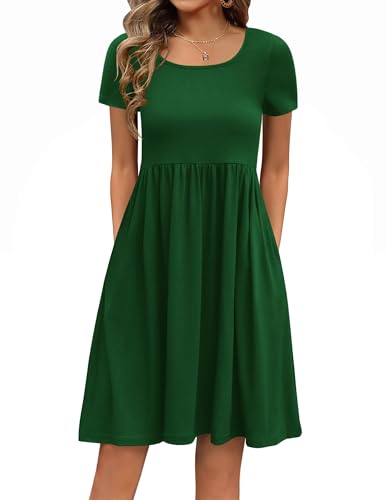 Zeagoo Kleider Damen Sommer Blumenkleid Casual Kleid Elegant Tunika Strandkleid Kurzarm Rundhals Kleider A Linie Knielang Tunikakleid mit Taschen Grün XXL von Zeagoo