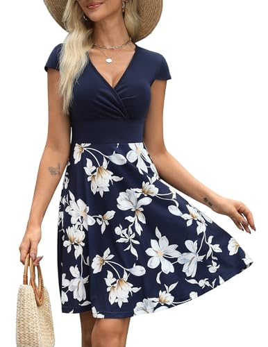 Zeagoo Damen Sommerkleid Kurzarm V-Ausschnitt Kleider Blumenmuster Kleid Knielang Freizeitkleider Wickelkleid von Zeagoo