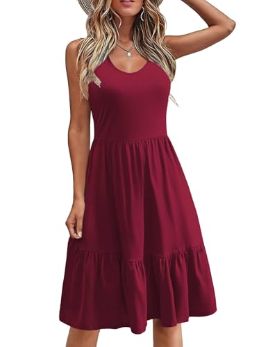 Zeagoo Sommerkleid Damen Kurz Casual Kleid mit Taschen Rundhals Einfarbig Shirtkleid Ärmellos Rüschen Kleider M von Zeagoo