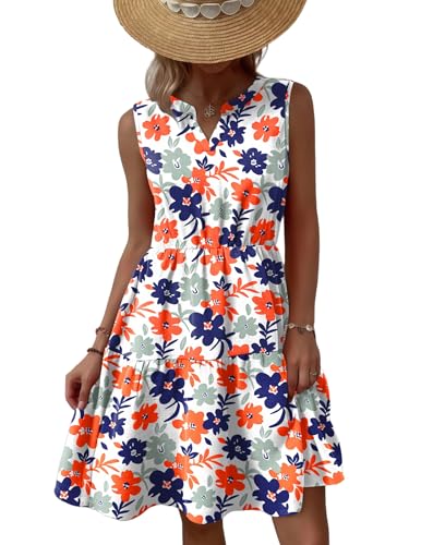 Zeagoo Kleider Damen Sommer V Ausschnitt Knielang Kleid Ärmellos Rüschen Lässiges Kleid Hohe Taille Locker Strandkleider Blau Orange Blumendruck M von Zeagoo