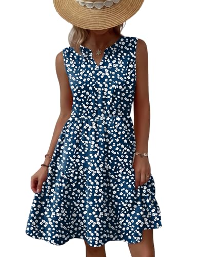 Zeagoo Damen Kleider Sommer V Ausschnitt Knielang Kleid Elegante A-Linie Minikleid Ärmellos Floral Tankkleider Hohe Taille Tunika Kleid Weiß Blumendruck L von Zeagoo