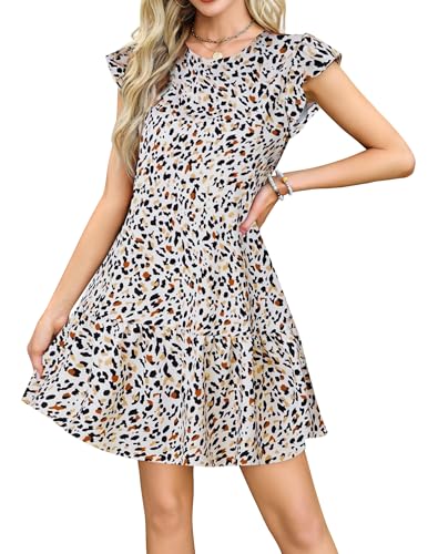 Zeagoo Sommerkleid Damen Leinen Kleider Casual Minikleid Kurzarm A-Linie Kleid Luftig Strandkleid Leicht Tshirtkleid Weiß Druck XL von Zeagoo