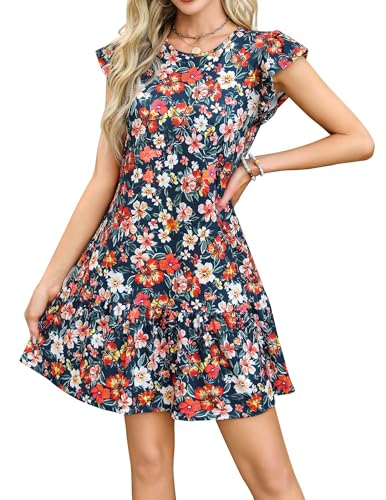 Zeagoo Sommerkleid Damen Knielang Kleider Rundhals Strandkleid Rüschen Ärmel Minikleid Leicht Tshirtkleid Rot Druck XL von Zeagoo