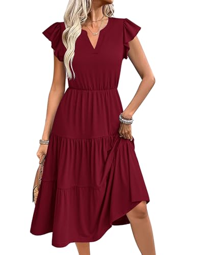 Zeagoo Damen Strandkleid A Linie Knielang Kleid Sommerkleid Freizeit Kleider Rüschen Ärmel V-Ausschnitt Partykleid Abendkleid Mit Taschen Rotwein S von Zeagoo