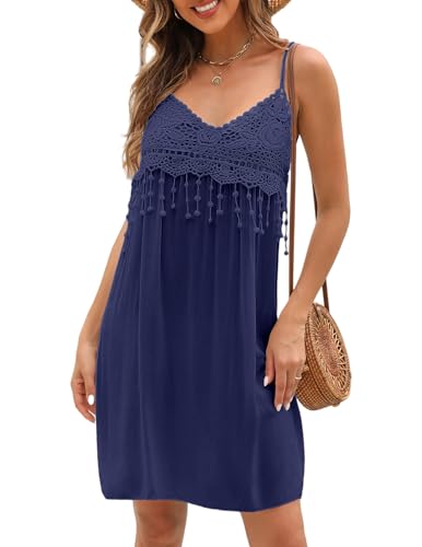 Zeagoo Damen Strandkleid Bohemian Trägerkleid V-Ausschnitt Sommerkleid Boho Kleid Lässig Midikleid mit Fransen Minikleid Ärmellos Freizeitkleid Dunkelblau L von Zeagoo